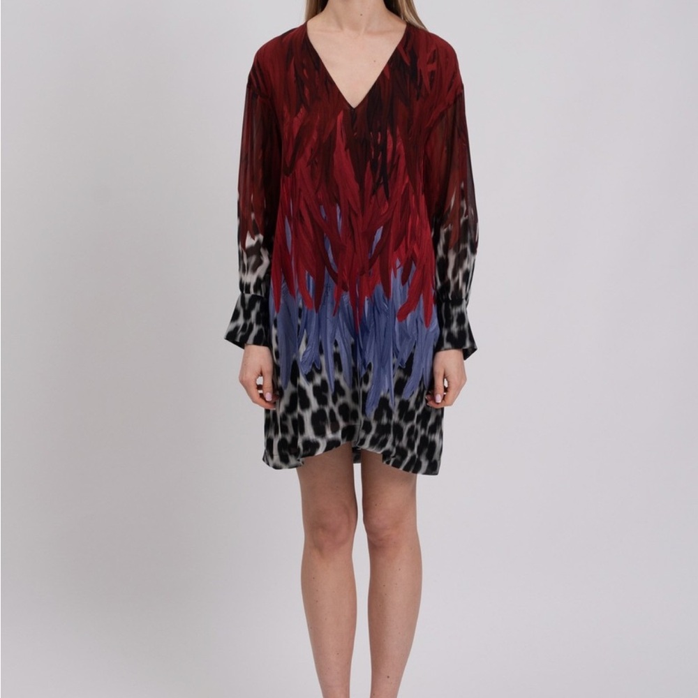 Just Cavalli Red and Blue Sheath Dress with Bishop Sleeves vintage early 2000’S